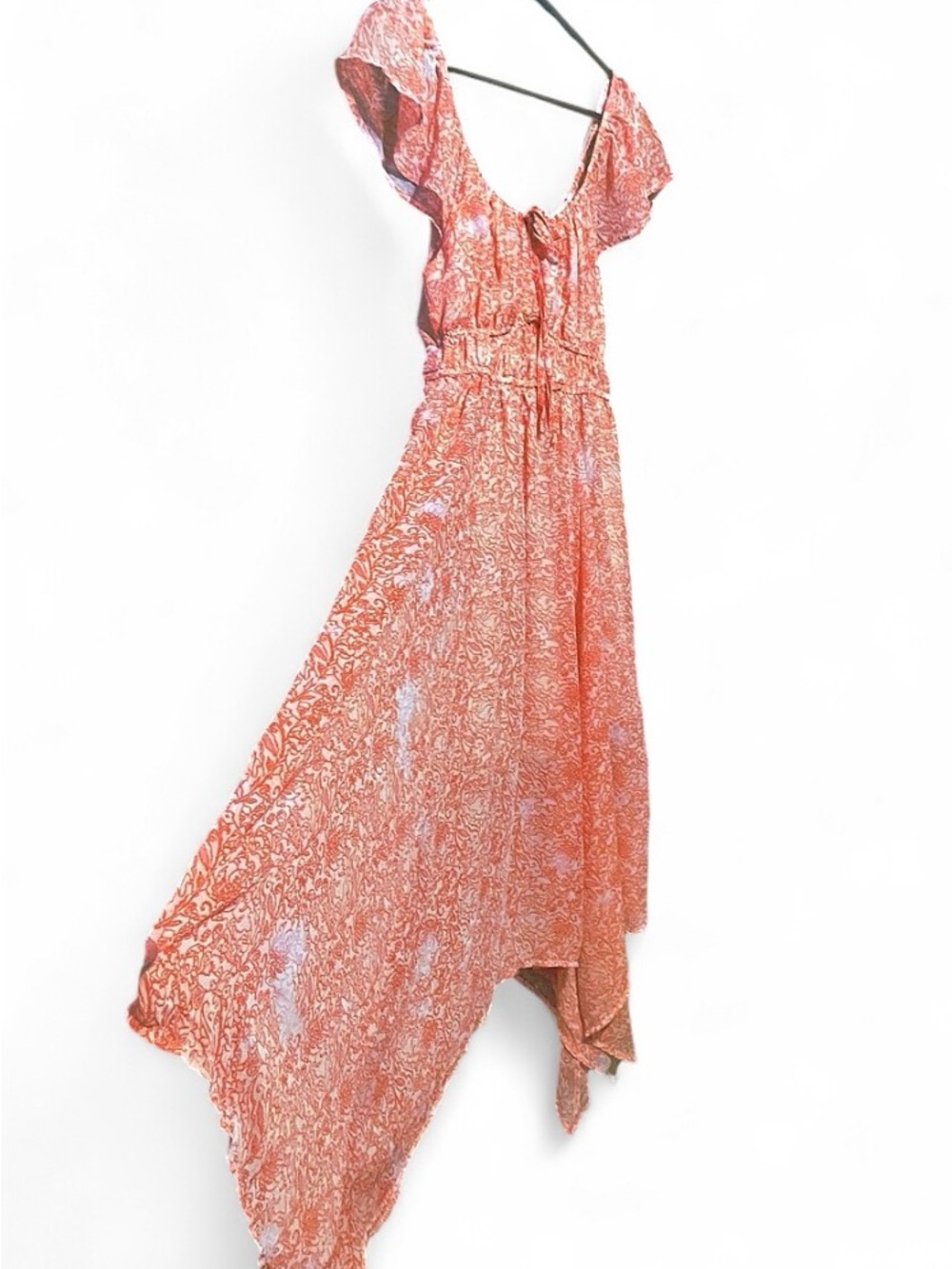 Dizzy Lizzy Coral Orange Paisley Handkerchief Hem Cottagecore Boho Midi Dress XL - Picture 8 of 16